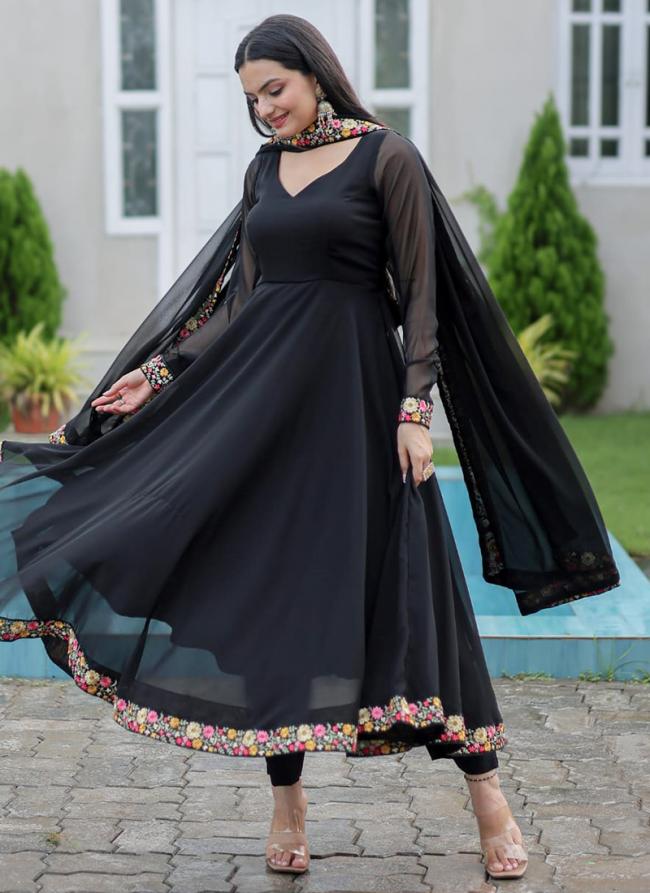 Georgette Black Festival Wear Lace Work Readymade Anarkali Suit